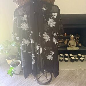 Black Floral Embroidered Sheer Kimono Top